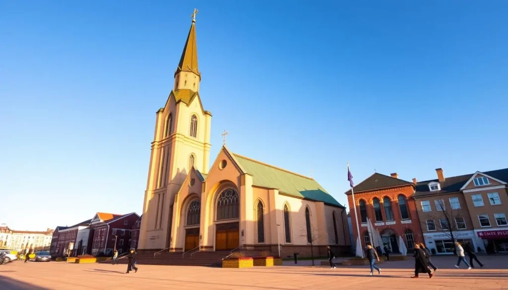 A stunning cathedral nestled in the heart of Kiruna, Sweden, with its striking silhouette against a crisp, azure sky. The Kiruna Church, a masterpiece of Nordic architecture, stands tall and proud, its copper-clad spire gleaming in the warm sunlight. The surrounding plaza is alive with the energy of the bustling city center, pedestrians strolling past the church's ornate wooden doors. Capture the serene atmosphere and the harmony between the historic structure and the modern urban landscape in a wide-angle shot, showcasing the church's harmonious integration with its environment.