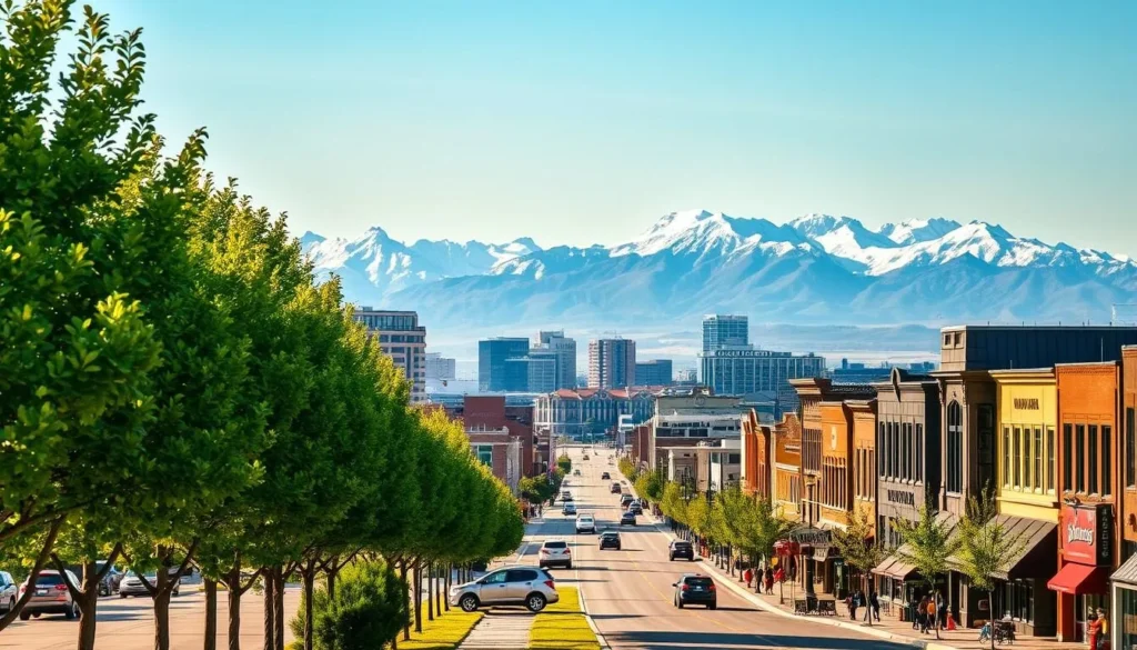 A stunning cityscape of Grande Prairie, Alberta, Canada, bathed in warm sunlight. In the foreground, a tree-lined promenade leads the eye towards the vibrant downtown core, with its modern high-rises and historic buildings creating a harmonious blend of old and new. The middle ground features bustling streets lined with local shops, restaurants, and cafes, inviting visitors to explore the city's charm. In the background, the majestic Canadian Rockies rise up, their snow-capped peaks creating a dramatic and picturesque backdrop. The scene evokes a sense of urban vibrancy, natural beauty, and the welcoming spirit of this thriving community.