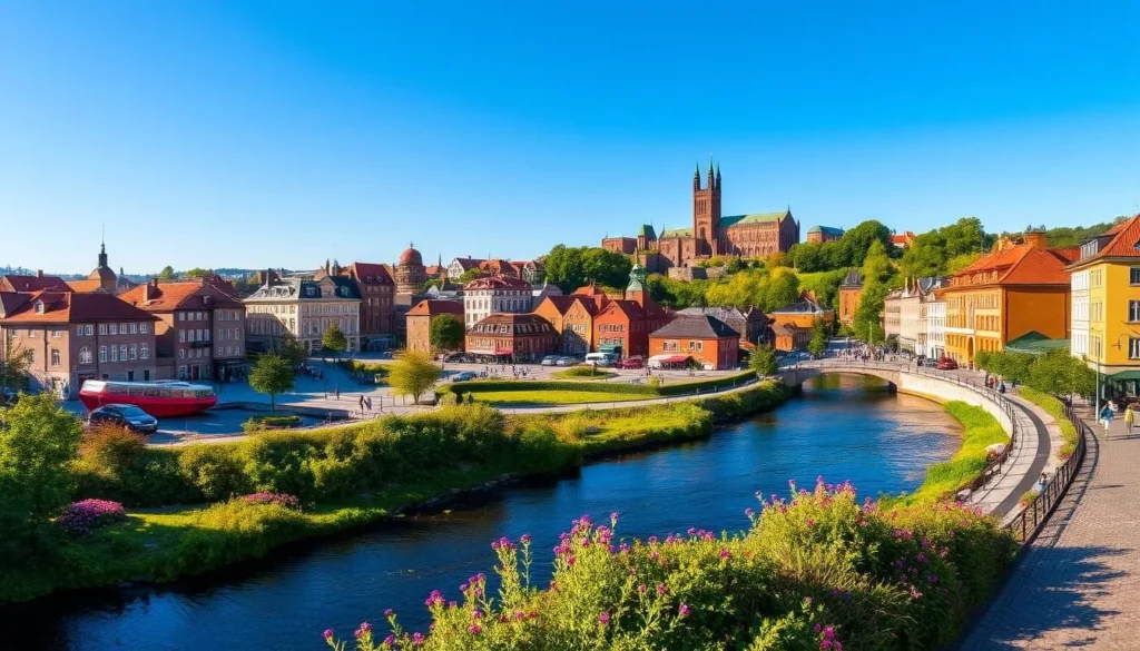 A stunning cityscape of Halmstad, Sweden on a bright, sunny day. In the foreground, a picturesque river winds through the city, its banks dotted with lush greenery and colorful flowers. The mid-ground features the historic architecture of Halmstad, with red-roofed buildings and charming cobblestone streets. In the background, the skyline is dominated by the iconic Halmstad Castle, its turrets and spires rising majestically against a clear, azure sky. The scene is bathed in warm, golden light, casting a serene and inviting atmosphere. The image captures the vibrant and festive spirit of Halmstad, reflecting the joyous energy of its seasonal events and festivals.