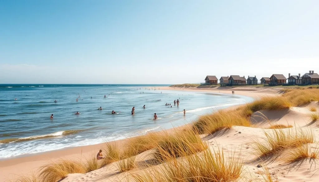 A stunning coastal landscape along the Baltic Sea, featuring soft golden sand, gently lapping waves, and a clear, azure sky. In the foreground, sun-dappled dunes are dotted with hardy beach grasses, while in the middle ground, families enjoy the tranquil waters, swimming and building sandcastles. In the background, a row of picturesque wooden cottages and cabanas line the shore, their weathered facades bathed in the warm, golden light of a late summer afternoon. The scene exudes a sense of relaxation and serenity, perfectly capturing the essence of the Curonian Spit's idyllic beaches.