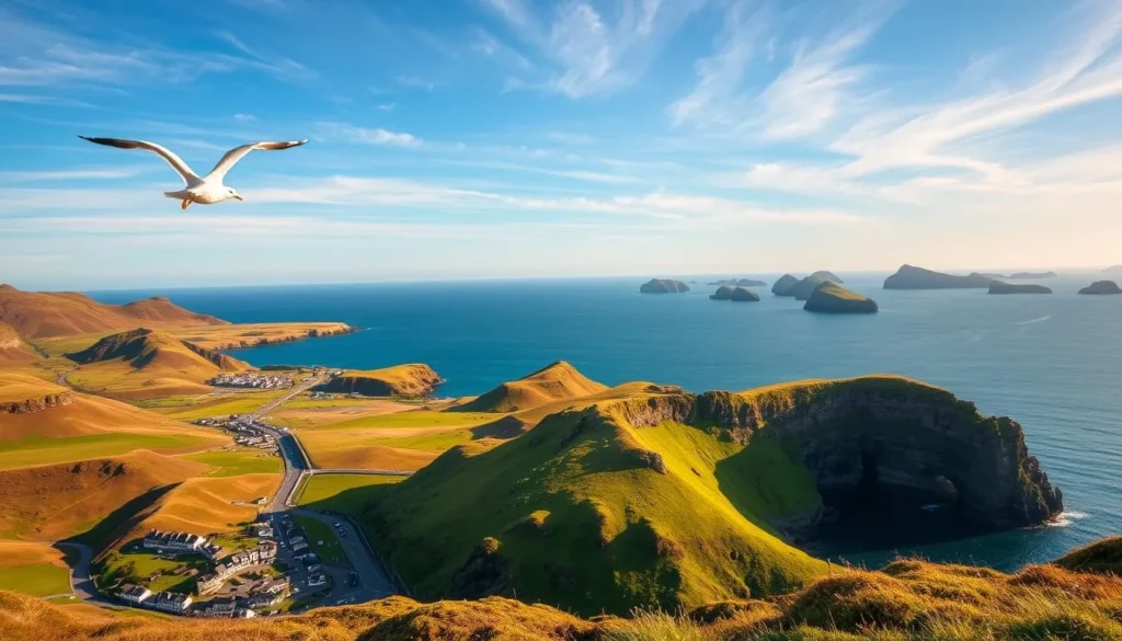 A stunning coastal landscape with the Causeway Coastal Route snaking through rolling hills and dramatic cliffs. In the foreground, a picturesque harbor village nestled between rugged headlands. Gulls soar overhead, their cries carried on a gentle sea breeze. The mid-ground features the iconic Giant's Causeway, its hexagonal basalt columns casting long shadows in the warm afternoon sunlight. In the distance, the horizon is dotted with windswept islands, their emerald slopes fading into the cool, azure waters of the North Atlantic. A crisp, clear day with wispy cirrus clouds drifting overhead, creating a sense of peace and tranquility.