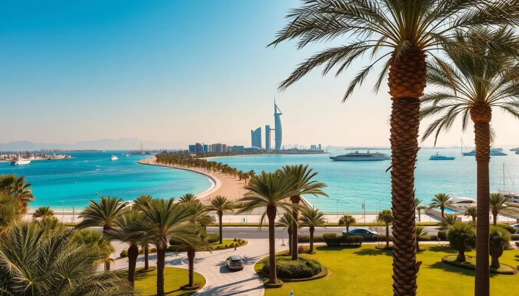 A stunning coastal setting with the iconic Al Kout attractions in the foreground. A picturesque promenade lined with palm trees and lush greenery leads the eye towards the glistening turquoise waters of the Persian Gulf. In the middle ground, the modern architecture of the Al Kout Mall and its surrounding buildings stand tall, reflecting the sunlight. Further in the distance, the sleek silhouettes of pleasure boats and yachts dot the horizon, creating a serene and tranquil atmosphere. The scene is bathed in warm, golden sunlight, casting gentle shadows and highlights across the landscape. The overall mood is one of relaxation and coastal charm, inviting the viewer to explore this vibrant and captivating Kuwaiti destination.