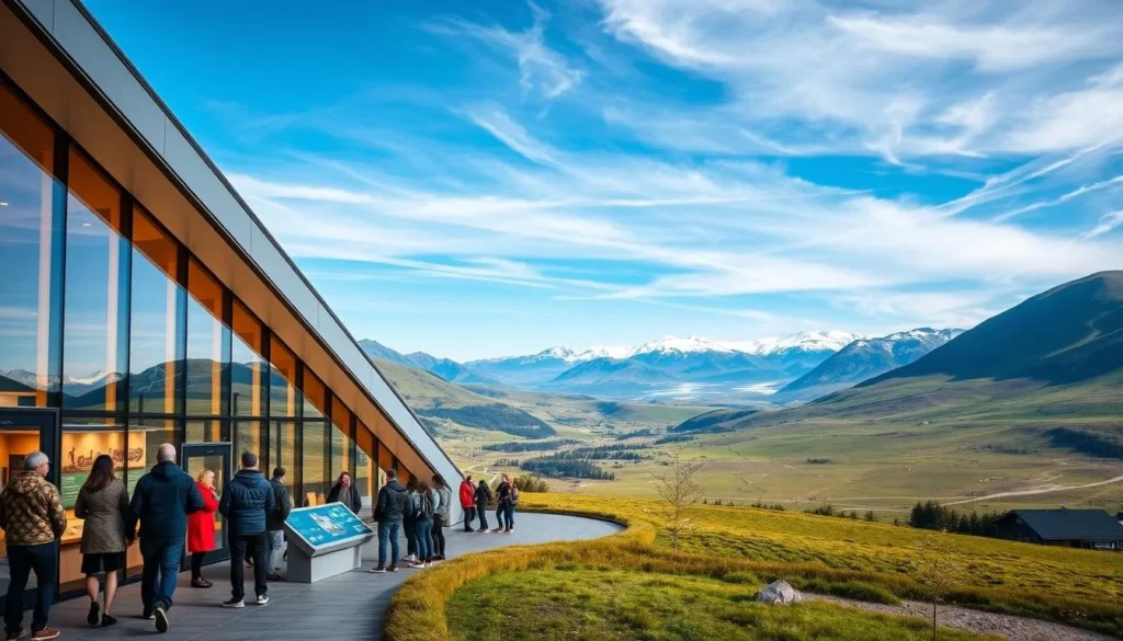 A stunning, contemporary visitor center nestled in the heart of Hardangervidda National Park, Norway. The building's sleek, angular architecture seamlessly blends with the surrounding mountainous landscape, its glass façade reflecting the azure sky and verdant meadows. In the foreground, a group of visitors admire the interactive exhibits, learning about the park's unique ecology and wildlife. Warm, natural lighting filters through the windows, creating a welcoming and informative atmosphere. The middle ground features an expansive, panoramic view of the park's rolling hills and glacial peaks, hinting at the breathtaking outdoor adventures to be had. In the background, wispy clouds drift overhead, completing the picturesque scene.