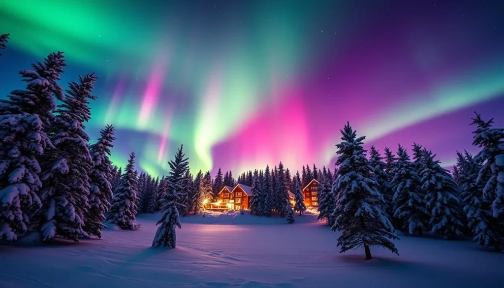 A stunning display of the ethereal Northern Lights illuminating the night sky over the serene, snow-covered landscape of the Kakslauttanen Arctic Resort in Finland. Vibrant shades of green, pink, and purple dance across the heavens, casting a mesmerizing glow over the snowy pine trees and frozen lake below. The scene is captured with a wide-angle lens, creating a cinematic and immersive perspective. The lighting is natural and atmospheric, conveying the magical and tranquil ambiance of this winter wonderland. The overall mood is one of awe and wonder, inviting the viewer to step into this enchanting, Nordic scene.