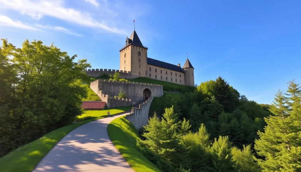 A stunning exterior view of Karlstejn Castle, nestled atop a picturesque hilltop against a vibrant blue sky. The grand, medieval architecture stands tall, its stone walls and towers reflecting the warm afternoon sunlight. In the foreground, a well-maintained pathway leads visitors towards the castle's main entrance, offering easy accessibility for all. The surrounding lush, green forestry provides a serene, natural backdrop, creating a harmonious blend of history and nature. This breathtaking scene captures the essence of Karlstejn's accessibility, inviting all to explore its timeless beauty.