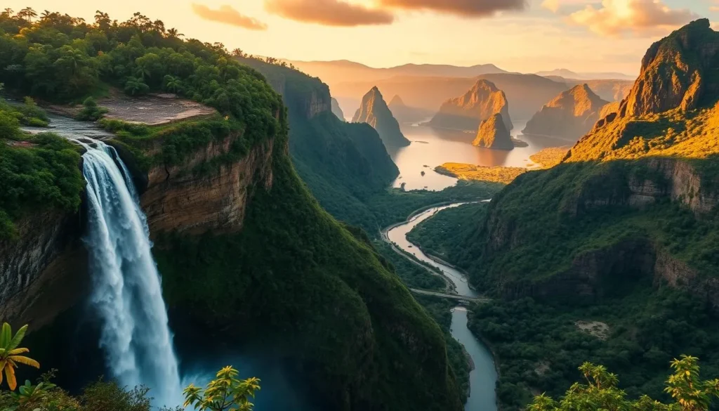 A stunning landscape of Canaima National Park, Venezuela, showcasing its iconic waterfalls. In the foreground, the majestic Churun Merú waterfall cascades down lush, verdant cliffs, its powerful flow creating a misty haze that dances in the warm, golden sunlight. The middle ground features the serene Laguna de Canaima, its tranquil waters reflecting the towering table-top mountains, known as tepuis, that rise up in the background. The scene is bathed in a soft, tropical ambiance, with vibrant greens, blues, and earthy tones creating a sense of natural harmony and beauty.