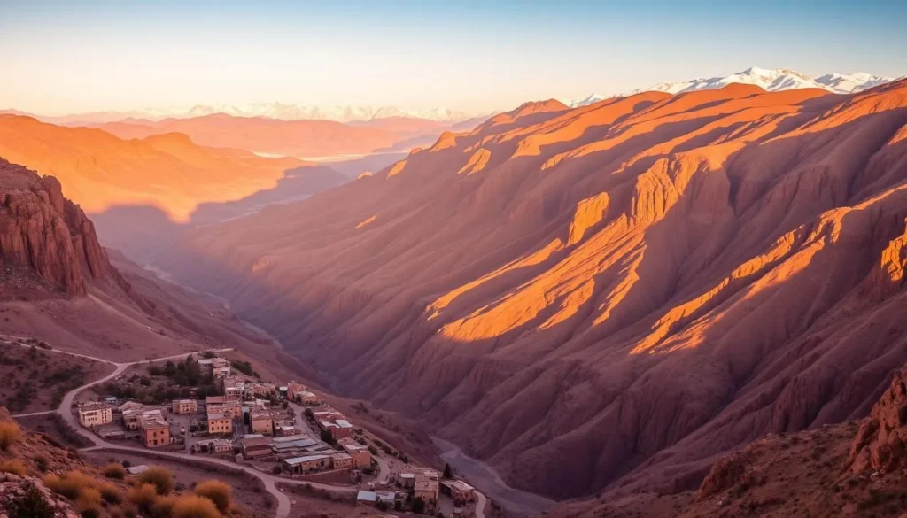 A stunning landscape of Colca Canyon in Peru, captured during a golden hour. In the foreground, a picturesque village nestled among the towering cliffs, its traditional adobe buildings and winding paths bathed in warm, soft light. The middle ground reveals the vast, dramatic expanse of the canyon, its rugged terrain sculpted by centuries of erosion, accentuated by long shadows and a mix of vibrant hues. In the distance, the majestic snow-capped peaks of the Andes mountains rise majestically, creating a breathtaking backdrop. The scene exudes a sense of tranquility and timelessness, inviting the viewer to capture the essence of this natural wonder through the lens of a camera.