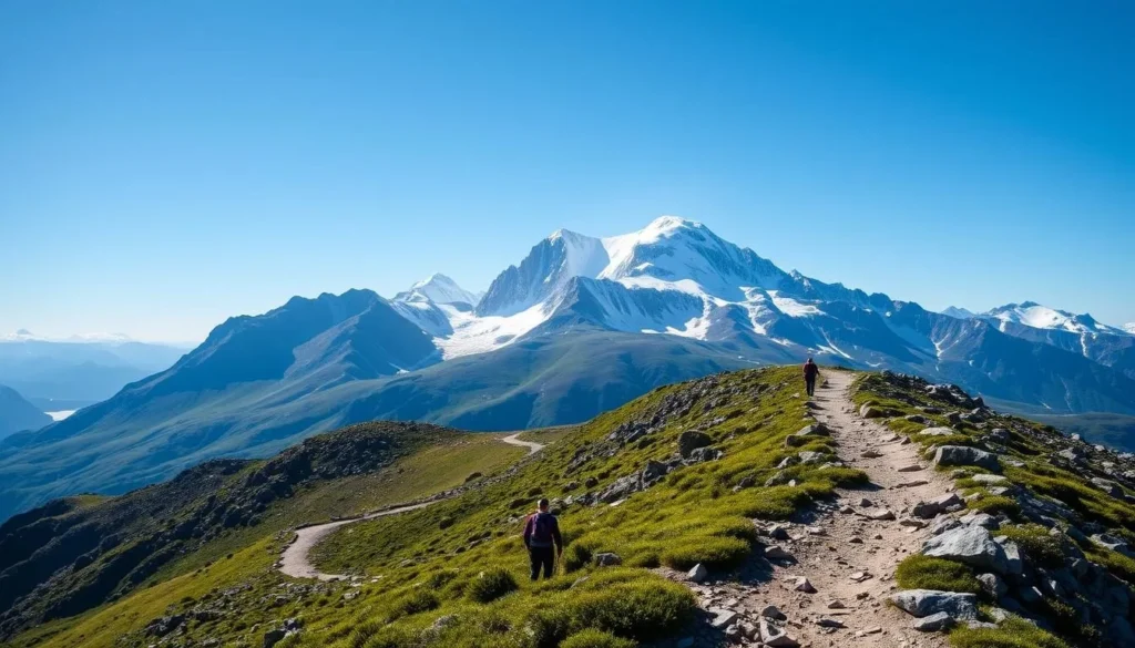 A stunning landscape of Gaustatoppen, Norway's iconic mountain peak, rising majestically against a clear blue sky. In the foreground, a winding trail leads hikers through a rugged, rocky terrain, with lush green vegetation flanking the path. Majestic snow-capped peaks dominate the middle ground, their jagged silhouettes casting long shadows across the scene. The lighting is crisp and natural, highlighting the dramatic textures and colors of the environment. A sense of adventure and challenge pervades the atmosphere, inviting the viewer to embark on this ultimate hiking experience.