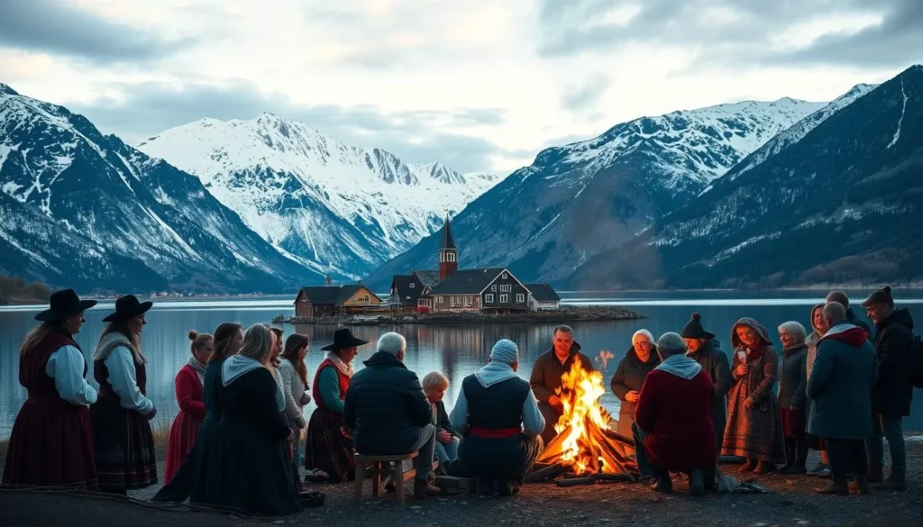 A stunning landscape of Lake Sandvatnet, surrounded by majestic snow-capped mountains. In the foreground, a group of local people dressed in traditional Norwegian attire gather around a cozy fire, engaged in lively conversation and shared traditions. The warm glow of the flames casts a soft, inviting light across the scene. In the middle ground, a small, quaint village nestled along the shore, with colorful wooden houses and a towering steeple. The tranquil waters of the lake reflect the surrounding beauty, creating a serene and picturesque atmosphere. The bright, natural lighting illuminates the cultural activities, showcasing the rich heritage and customs of the region.