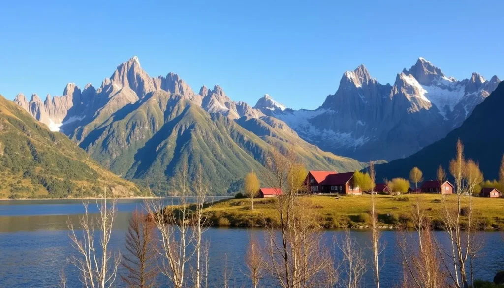 A stunning landscape of Norway's Lofoten Islands, where jagged peaks rise majestically against a clear azure sky. In the foreground, a pristine fjord reflects the surrounding mountains, their slopes covered in lush green vegetation. Tall, slender birch trees dot the shoreline, their delicate branches swaying gently in the soft breeze. In the middle ground, traditional red-roofed cabins nestle amidst the dramatic scenery, their weathered wooden facades blending seamlessly with the natural environment. The background is dominated by towering, snow-capped peaks, their rugged outlines casting long shadows across the serene landscape. The scene is bathed in warm, golden light, creating a sense of tranquility and awe-inspiring beauty.