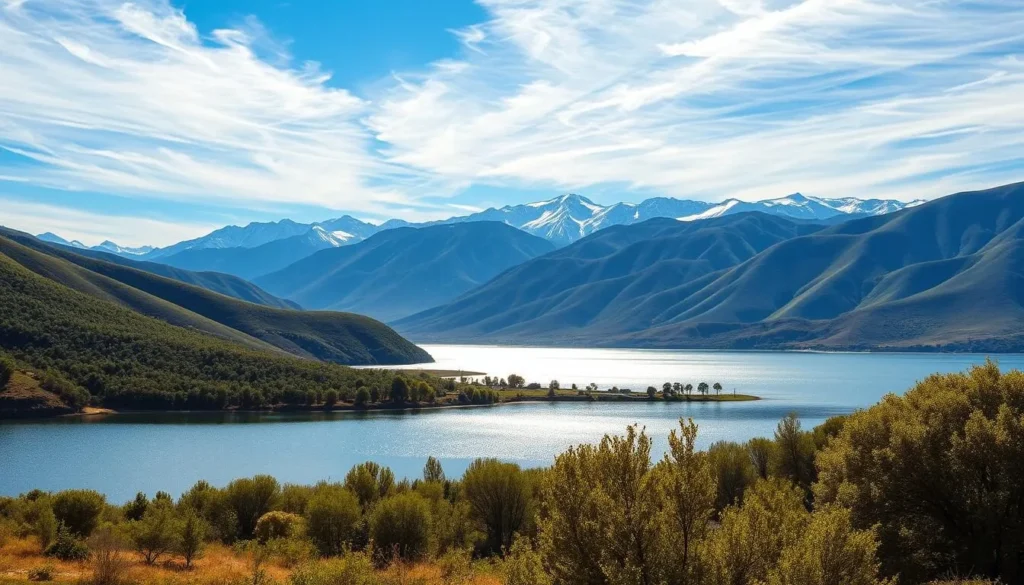 A stunning landscape of Orumiyeh's natural attractions on a bright, sunny day. In the foreground, a serene lake reflects the vibrant blue sky and wispy clouds above. Surrounding the lake, rolling hills covered in lush, verdant vegetation create a picturesque backdrop. In the distance, majestic snow-capped mountains rise, creating a breathtaking vista. The scene is illuminated by warm, golden sunlight, creating a serene and tranquil atmosphere. The composition is balanced, with the lake and mountains creating a sense of depth and scale. The image captures the beauty and tranquility of Orumiyeh's natural wonders, perfect for showcasing the region's best things to do for nature lovers.