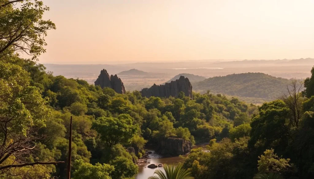 A stunning landscape of Roura's natural attractions, showcasing the region's lush, verdant beauty. In the foreground, a tranquil river winds its way through the dense, vibrant foliage, with sunlight filtering through the canopy of towering trees. In the middle ground, rugged, sculpted rock formations rise up, their intricate textures and shadows creating a sense of depth and drama. The background is dominated by a vast, rolling expanse of pristine, untamed wilderness, with distant, hazy mountains peeking through the haze. The overall scene is bathed in a warm, golden glow, evoking a sense of serenity and wonder. Captured with a wide-angle lens to emphasize the grandeur of the landscape, this image perfectly encapsulates the natural splendor of Roura, French Guiana.