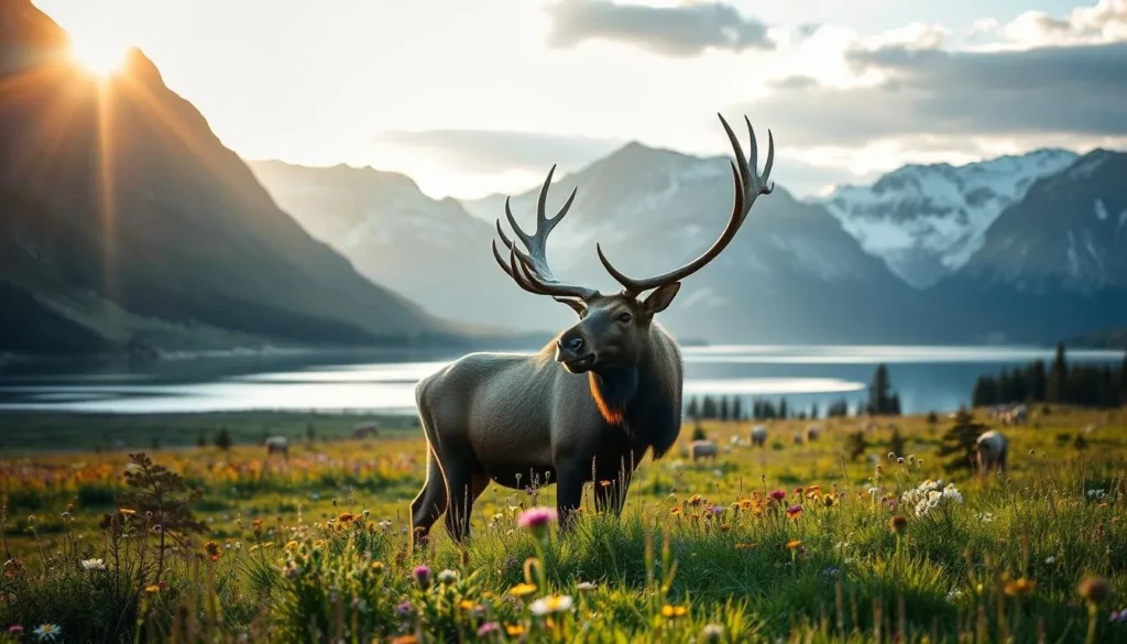 A stunning landscape of Setesdal-Ryfylkeheiane National Park, Norway, showcasing its diverse wildlife. In the foreground, a skilled wildlife photographer captures a majestic elk or moose in its natural habitat, its antlers silhouetted against the soft, golden light of the afternoon sun. The middle ground reveals a vibrant meadow, dotted with wildflowers and framed by towering, snow-capped peaks. In the background, a serene lake reflects the surrounding mountains, creating a picturesque scene of tranquility. The overall mood is one of peaceful coexistence, with the photographer's careful lens providing a window into the untamed beauty of this Norwegian wilderness.