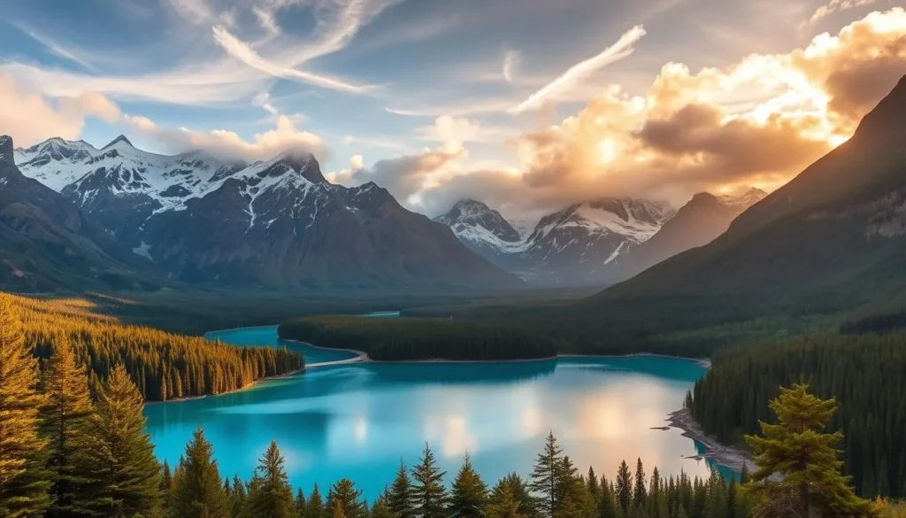 A stunning landscape of the Futaleufu Lakes nestled between towering Patagonian peaks. Turquoise waters reflect the rugged, snow-capped mountains in the distance, while lush, verdant forests line the shores. Warm, golden sunlight filters through wispy clouds, casting a serene glow over the serene scene. A wide-angle lens captures the grandeur of this natural wonder, showcasing the breathtaking beauty of one of Chile's most remarkable natural treasures. The tranquil, picturesque setting invites the viewer to immerse themselves in the majesty of Futaleufu's untamed wilderness.