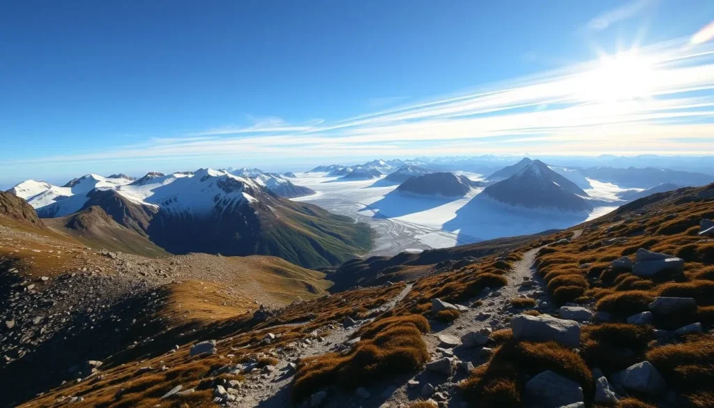 A stunning landscape of the Kebnekaise Mountain Range in northern Sweden, showcasing the challenging Eastern Route hiking trail. In the foreground, a rugged alpine trail winds through a picturesque valley, dotted with boulders and patches of hardy vegetation. The middle ground features towering, snow-capped peaks rising majestically into a clear, azure sky, casting long shadows across the terrain. In the distance, a network of glaciers and ice fields glisten in the warm sunlight, creating a breathtaking backdrop. The scene conveys a sense of adventure and accomplishment for experienced hikers tackling this remote and demanding route. Captured with a wide-angle lens to emphasize the grandeur of the landscape, this image aims to inspire and inform readers about the Eastern Route's stunning vistas and technical challenges.