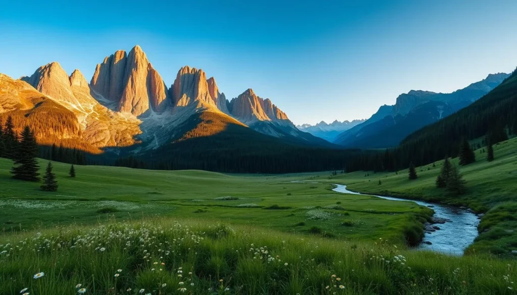 A stunning landscape of towering, rugged mountains rising majestically against a clear, azure sky. In the foreground, a lush, verdant meadow dotted with wildflowers sways gently in a light breeze. A winding stream cuts through the landscape, its crystalline waters reflecting the surrounding peaks. In the middle distance, dense, evergreen forests cling to the mountainsides, creating a serene, natural atmosphere. The lighting is warm and golden, casting a soft, ethereal glow over the entire scene. Capture this breathtaking natural wonder in high resolution, using a wide-angle lens to showcase the grandeur and vastness of the Iron Mountains Natural Park.