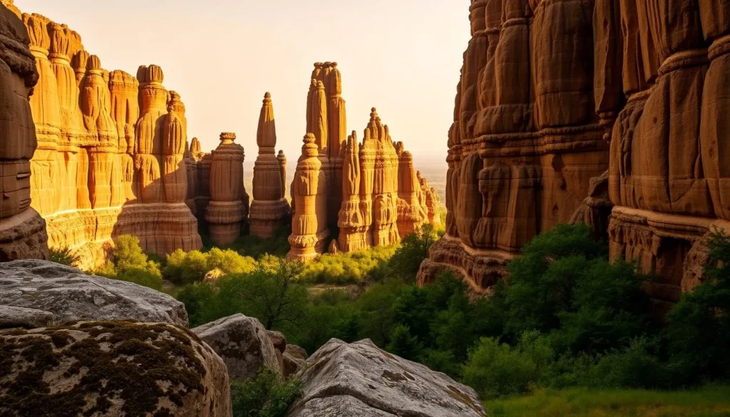 A stunning landscape of towering sandstone formations in Giant City State Park, Illinois. The sun casts warm, golden light across the rugged, weathered cliffs, casting deep shadows that accentuate their intricate textures and shapes. In the foreground, moss-covered boulders and lush greenery create a serene, natural setting. The middle ground features the iconic sandstone pillars, some reaching heights of over 100 feet, their distinctive layers and crevices carved by centuries of erosion. The background blends into a hazy, atmospheric sky, adding to the sense of scale and grandeur. Capture the awe-inspiring beauty and geological wonder of this unique natural wonder. A stunning landscape of towering sandstone formations in Giant City State Park, Illinois. The sun casts warm, golden light across the rugged, weathered cliffs, casting deep shadows that accentuate their intricate textures and shapes. In the foreground, moss-covered boulders and lush greenery create a serene, natural setting. The middle ground features the iconic sandstone pillars, some reaching heights of over 100 feet, their distinctive layers and crevices carved by centuries of erosion. The background blends into a hazy, atmospheric sky, adding to the sense of scale and grandeur. Capture the awe-inspiring beauty and geological wonder of this unique natural wonder.