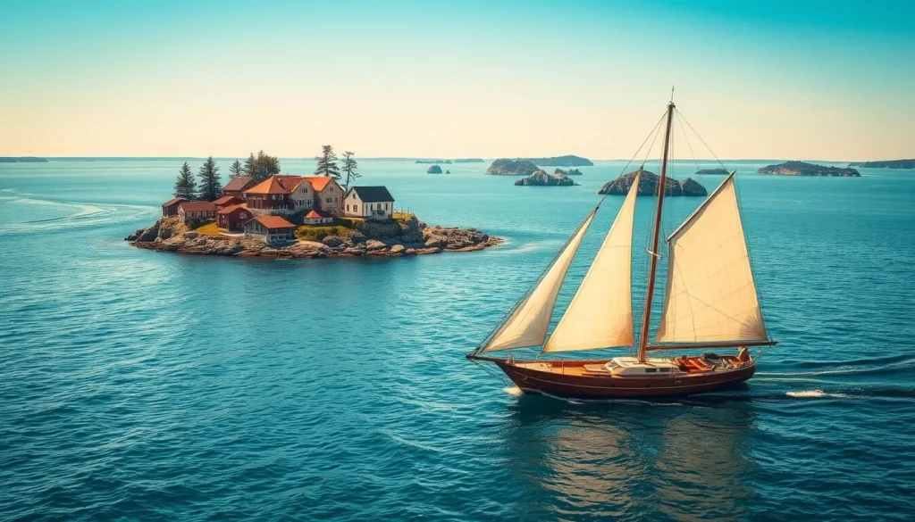 A stunning maritime landscape, bathed in the warm glow of the sun. In the foreground, a traditional wooden sailboat glides across the calm, azure waters, its white sails billowing in the gentle breeze. The middle ground features a cluster of charming, weathered cottages perched atop a rocky outcrop, their red roofs and whitewashed walls reflecting the region's unique architectural heritage. In the distance, a serene archipelago of verdant islands dotted with towering pine trees stretches out towards the horizon, creating a peaceful and tranquil atmosphere. The overall scene conveys a sense of timeless tradition and a deep connection to the maritime culture that has defined this picturesque region for generations. A stunning maritime landscape, bathed in the warm glow of the sun. In the foreground, a traditional wooden sailboat glides across the calm, azure waters, its white sails billowing in the gentle breeze. The middle ground features a cluster of charming, weathered cottages perched atop a rocky outcrop, their red roofs and whitewashed walls reflecting the region's unique architectural heritage. In the distance, a serene archipelago of verdant islands dotted with towering pine trees stretches out towards the horizon, creating a peaceful and tranquil atmosphere. The overall scene conveys a sense of timeless tradition and a deep connection to the maritime culture that has defined this picturesque region for generations.