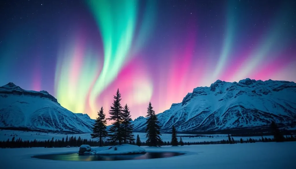 A stunning night sky filled with the ethereal dance of the northern lights, cascading ribbons of emerald, violet, and crimson hues illuminating the rugged peaks of the Pieljekaise Mountains in northern Sweden. The foreground features a serene, snow-covered landscape, with a small frozen lake reflecting the mesmerizing lights above. In the middle ground, towering spruce trees stand as silent witnesses to the natural spectacle. The background showcases the majestic, snow-capped mountains, their silhouettes cutting sharply against the aurora-filled sky. Capture the magic of this breathtaking moment with a wide-angle lens, showcasing the grandeur of the scene and the captivating mood of a clear, crisp winter night in the Pieljekaise region.