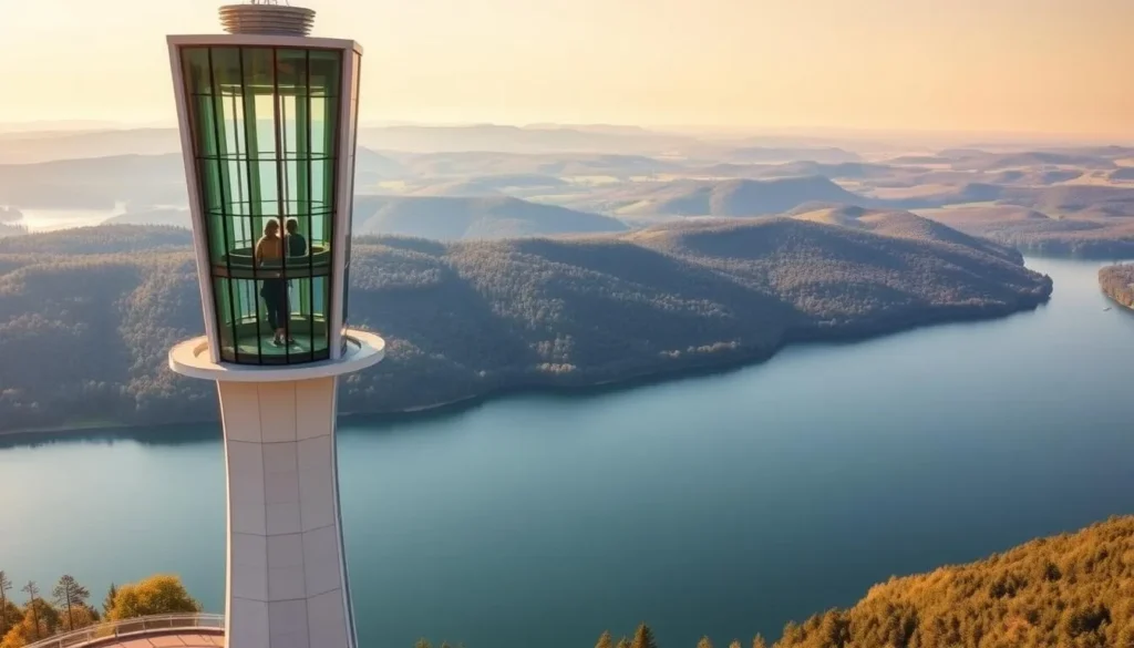 A stunning observation tower overlooking the serene waters of Lake Milada, Czechia. The sleek, modern structure rises elegantly against a backdrop of lush, rolling hills. Sunlight filters through the tower's glass panels, casting a warm, inviting glow. In the foreground, the tranquil lake reflects the surrounding scenery, creating a picturesque scene. The tower's observation deck offers panoramic views, allowing visitors to take in the breathtaking landscape in all its natural beauty. This is the perfect spot to enjoy the changing seasons and marvel at the natural wonders of Lake Milada.