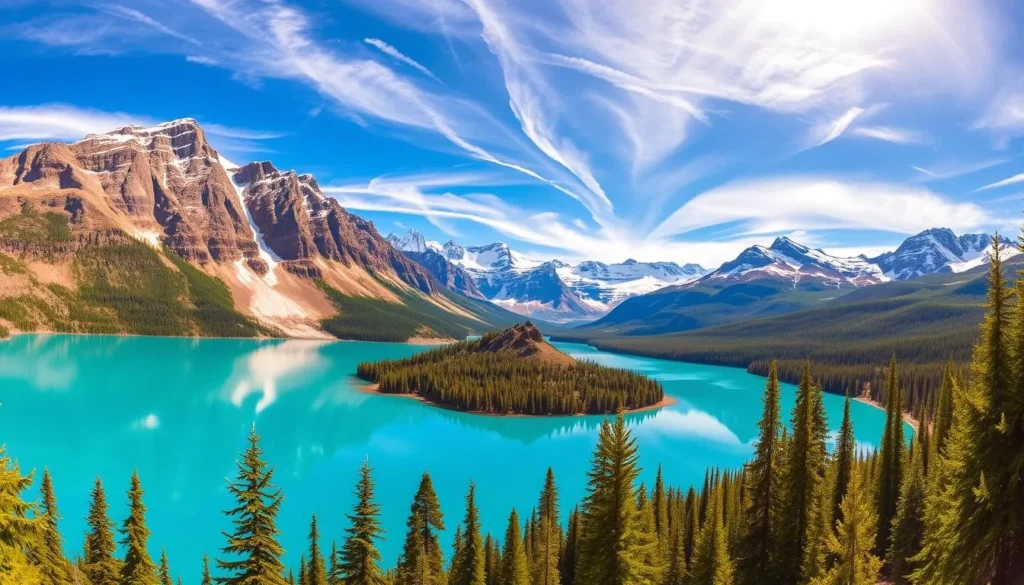 A stunning panorama of the iconic Moraine Lake, nestled amidst the majestic Canadian Rockies. Vibrant turquoise waters reflecting the towering snow-capped peaks of the Valley of the Ten Peaks, bathed in warm, golden sunlight. In the foreground, lush evergreen forests line the shores, creating a serene and picturesque landscape. Dramatic glacial-carved rock formations rise up in the middle ground, adding depth and texture to the scene. The sky is a brilliant azure, dotted with wispy white clouds, creating a sense of tranquility and wonder. Capture the enchanting essence of this natural wonder on a beautiful, clear day.