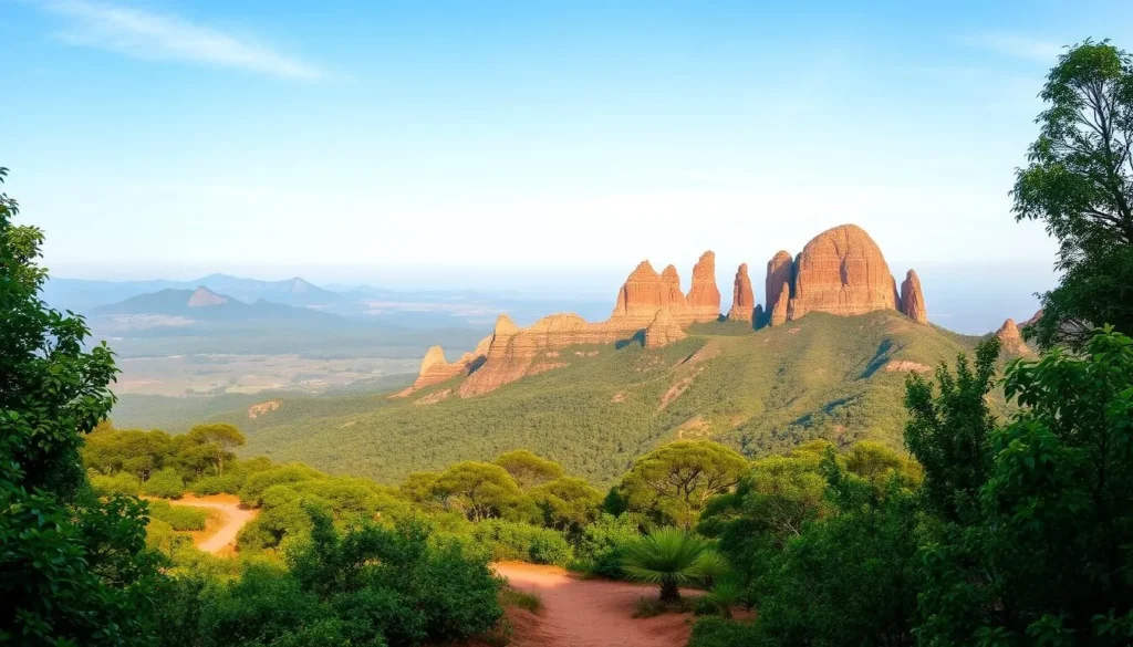 A stunning panoramic landscape of the Chapada Diamantina region in Brazil. In the foreground, a winding hiking trail leads through lush, verdant foliage. In the middle ground, rugged, towering rock formations in warm, earthy tones rise majestically against a clear, azure sky. Distant mountains fade into the horizon, their peaks shrouded in a soft, hazy mist. Warm, diffused sunlight bathes the scene, creating a serene and inviting atmosphere. The image conveys the grandeur and natural beauty of this remarkable national park, perfectly capturing the essence of a 6-day itinerary through the Chapada Diamantina.