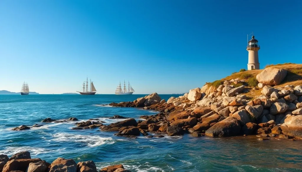 A stunning, panoramic view of Gotska Sandön Island's picturesque coastline, showcasing its rich maritime history. In the foreground, a rugged, rocky shoreline with gently lapping waves. In the middle ground, a historic lighthouse stands tall, its warm, golden light casting a soft glow over the scene. In the background, a fleet of traditional Swedish sailing ships glides across the calm, azure waters, their masts and sails silhouetted against the clear, azure sky. The entire scene is bathed in soft, natural lighting, evoking a sense of timeless tranquility and the island's enduring connection to the sea.