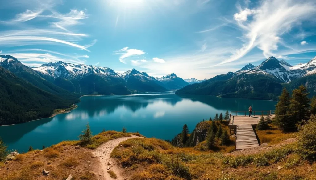 A stunning panoramic view of Lake Bygdin, Norway's alpine gem, framed by majestic snow-capped peaks and lush green foliage. The crystal-clear waters of the lake reflect the breathtaking scenery, creating a serene and picturesque landscape. Sunlight filters through wispy clouds, casting a warm, golden glow over the scene. In the foreground, a well-trodden hiking trail leads towards the lake's edge, inviting the viewer to explore this natural wonder. The middle ground features a picturesque viewpoint, with a wooden platform offering the perfect vantage point to admire the breathtaking vistas. In the background, the rugged mountains rise majestically, their jagged peaks touching the azure sky. This idyllic scene captures the essence of Norway's pristine natural beauty and the allure of the Bygdin region.