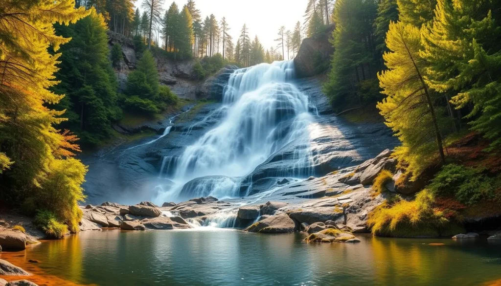 A stunning panoramic view of Litlverivassforsen Waterfall, a majestic cascade nestled within the lush forests of Rago National Park, Norway. The powerful torrent of crystal-clear water cascades down a towering cliff face, surrounded by a verdant canopy of towering pines and vibrant foliage. Warm sunlight filters through the trees, casting a golden glow over the cascading waters and illuminating the rugged, moss-covered rocks. In the foreground, a serene pool reflects the natural beauty, inviting visitors to pause and take in the serene, awe-inspiring atmosphere. The scene exudes a sense of tranquility and harmony, perfectly capturing the essence of Rago National Park's natural splendor.