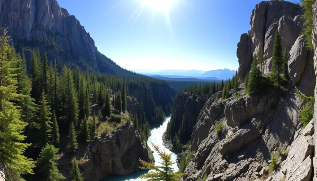 A stunning, panoramic view of Maligne Canyon in Alberta, Canada. In the foreground, the vibrant, turquoise waters of the Maligne River flow swiftly through the deep, rugged limestone gorge. Towering, verdant cliffs rise on either side, casting dramatic shadows across the scene. Sunlight filters through the lush, evergreen trees lining the canyon rim, creating a serene, natural ambiance. Distant mountains peek through the hazy horizon, completing the breathtaking, picturesque landscape. Capture this awe-inspiring natural wonder with a wide-angle lens, showcasing the full grandeur of Maligne Canyon in all its glory.