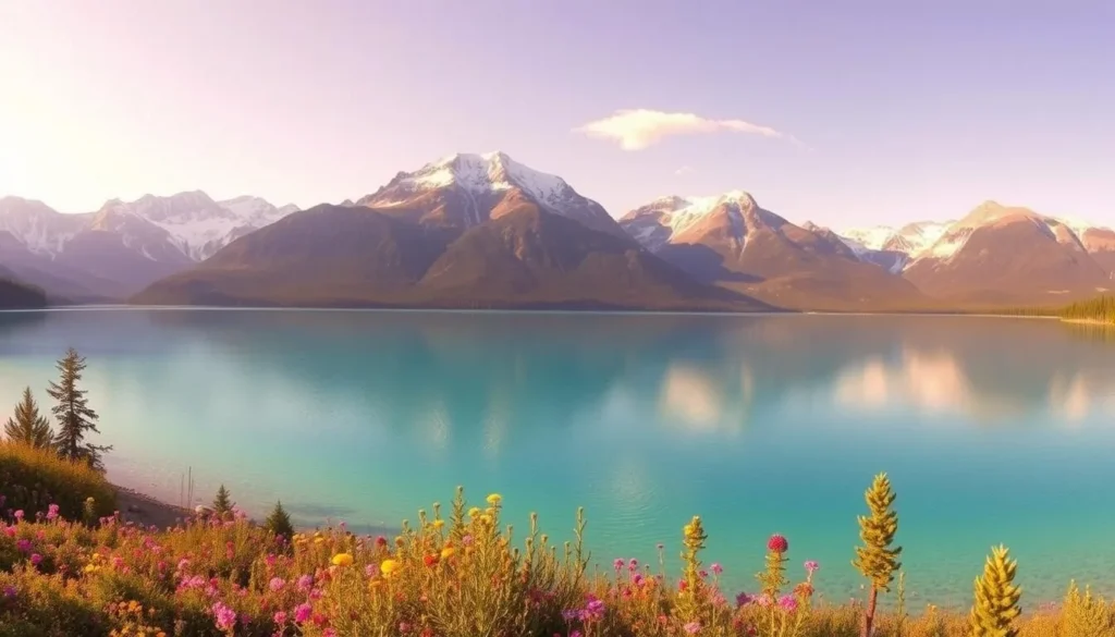 A stunning panoramic view of Maligne Lake, nestled amidst the majestic peaks of Jasper National Park. The pristine, turquoise waters reflect the surrounding mountains, creating a serene and captivating landscape. In the foreground, a pristine shoreline dotted with vibrant wildflowers invites exploration. The middle ground features the iconic, snow-capped peaks of the Canadian Rockies, bathed in warm, golden sunlight. In the distance, a wisp of cloud hangs over the tranquil lake, adding to the peaceful atmosphere. Capture this breathtaking natural wonder with a wide-angle lens, showcasing the grandeur and beauty of this gem of Jasper National Park.