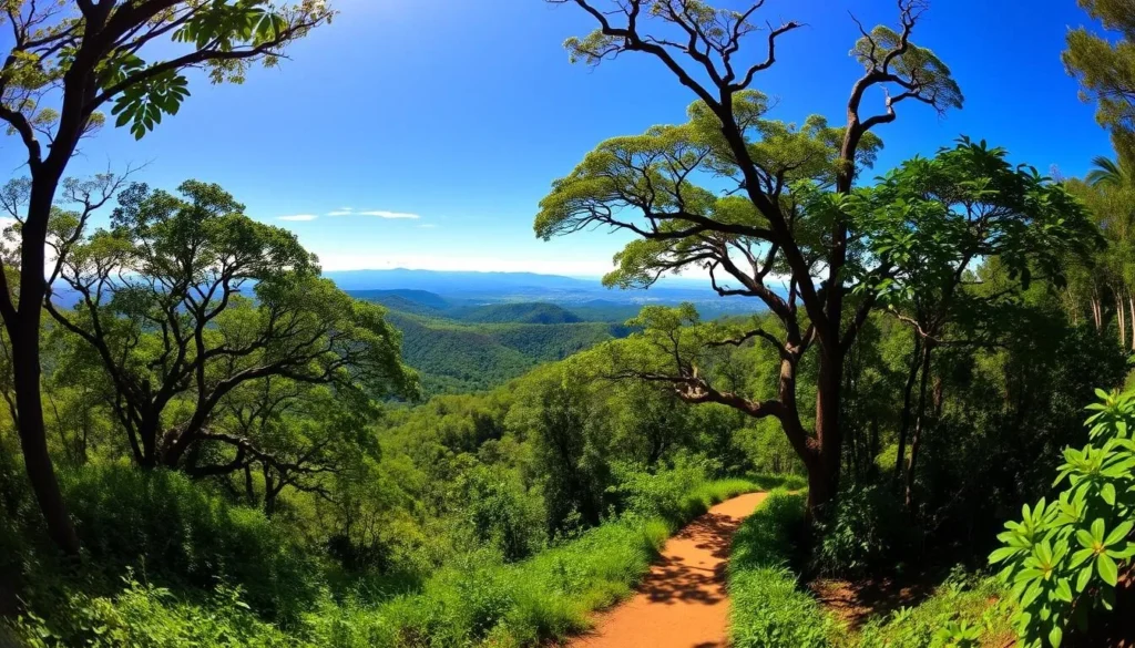 A stunning panoramic view of Moengo Hill, Suriname, under a brilliant azure sky. In the foreground, a winding path leads through lush, verdant foliage, inviting hikers to explore. Towering trees frame the scene, their branches casting dappled shadows across the trail. In the middle ground, the rolling hills of Moengo unfold, their slopes adorned with a tapestry of vibrant greens and earth tones. In the distance, the horizon is punctuated by the silhouettes of distant mountains, their peaks bathed in warm, golden light. The overall atmosphere is one of peaceful serenity, capturing the essence of an immersive outdoor adventure.