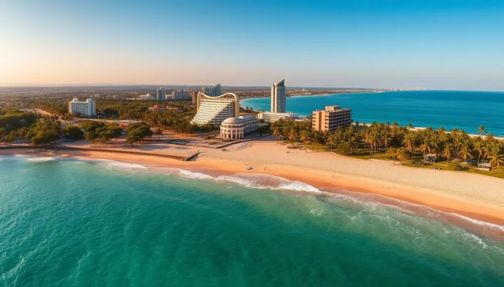 A stunning panoramic view of Punta del Este's pristine beachfront, with soft golden sand and lush palm trees lining the shore. The clear turquoise waters of the Atlantic Ocean gently lap against the coast, inviting visitors to bask in the warm sunshine. In the distance, modern high-rise buildings and luxury resorts dot the skyline, creating a picturesque backdrop. The scene is bathed in a warm, golden glow, captured through the lens of a wide-angle camera that highlights the expansive scale and beauty of this premier South American beach destination.