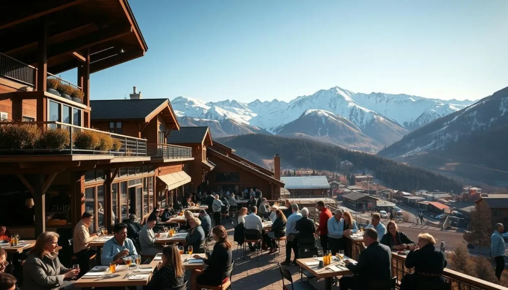 A stunning panoramic view of Valle Nevado's picturesque restaurants nestled in the majestic Andes mountains. The scene is bathed in warm, golden sunlight, casting a cozy glow over the charming alpine-style buildings. In the foreground, well-dressed diners savor local cuisine and drinks on the outdoor terraces, enjoying the breathtaking mountain vistas. The middle ground features the bustling activity of the restaurants, with servers and chefs attending to their guests. In the background, snow-capped peaks rise majestically, creating a dramatic and serene backdrop. The overall atmosphere conveys an upscale, yet relaxed dining experience amidst the grandeur of the Chilean Andes.