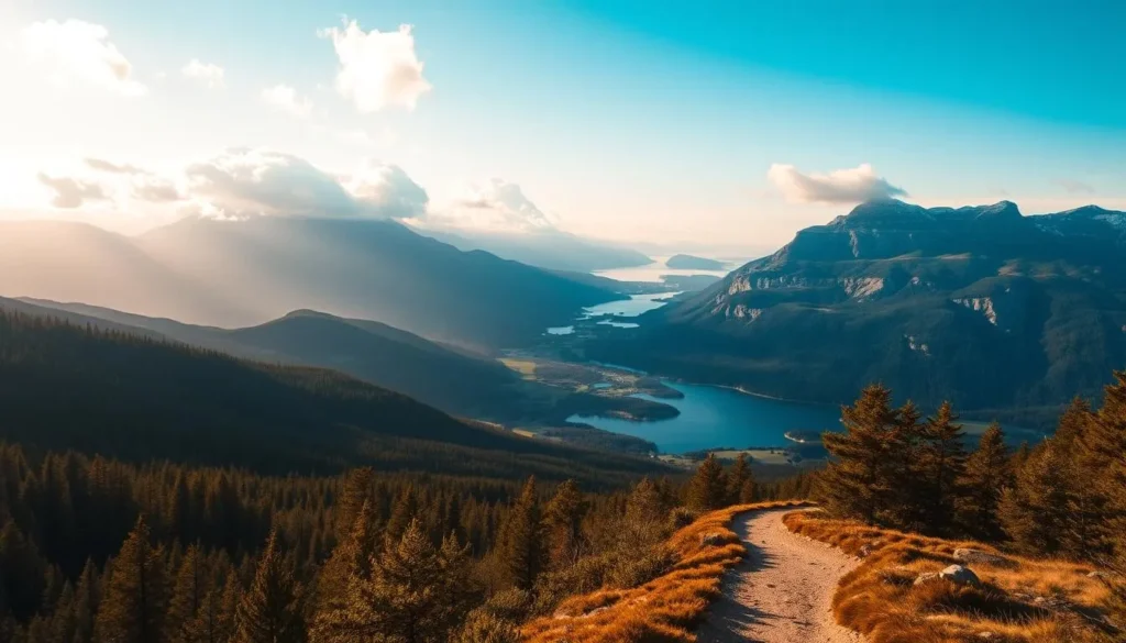 A stunning panoramic view of the Kosterhavet National Park's hiking trails, bathed in warm, golden sunlight. In the foreground, a well-marked trail winds through a lush, verdant forest, inviting hikers to explore. In the middle ground, rolling hills and rocky outcrops stretch out, with the occasional glimpse of a sparkling blue lake or fjord. The background features towering, snow-capped peaks, their rugged beauty complemented by the soft, fluffy clouds drifting overhead. The scene is captured with a wide-angle lens, creating a sense of depth and grandeur, while the natural lighting casts a serene, tranquil atmosphere, perfectly capturing the essence of this picturesque hiking destination.