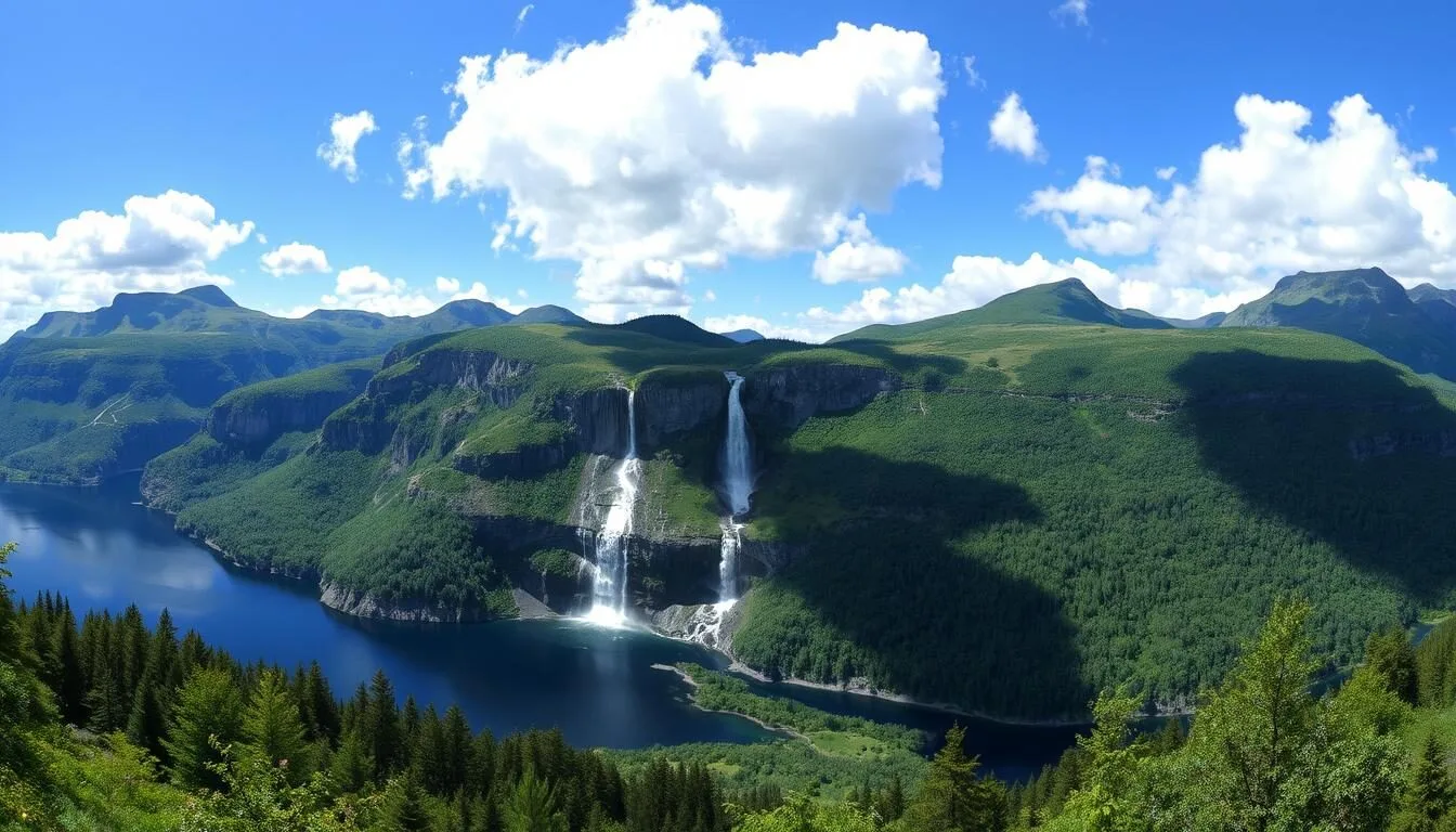 A stunning panoramic view of the breathtaking natural landscapes of Rogaland County, Norway. In the foreground, a serene fjord reflects the dramatic cliffs and mountains rising in the distance. Lush, verdant forests line the shoreline, their canopies swaying gently in the soft breeze. Fluffy white clouds drift across a brilliant azure sky, casting dappled shadows on the rugged terrain below. In the middle ground, a majestic waterfall cascades over the rocky outcrop, its thunderous roar echoing through the valley. The overall scene evokes a sense of peaceful tranquility, inviting the viewer to immerse themselves in the unspoiled beauty of this Norwegian paradise.