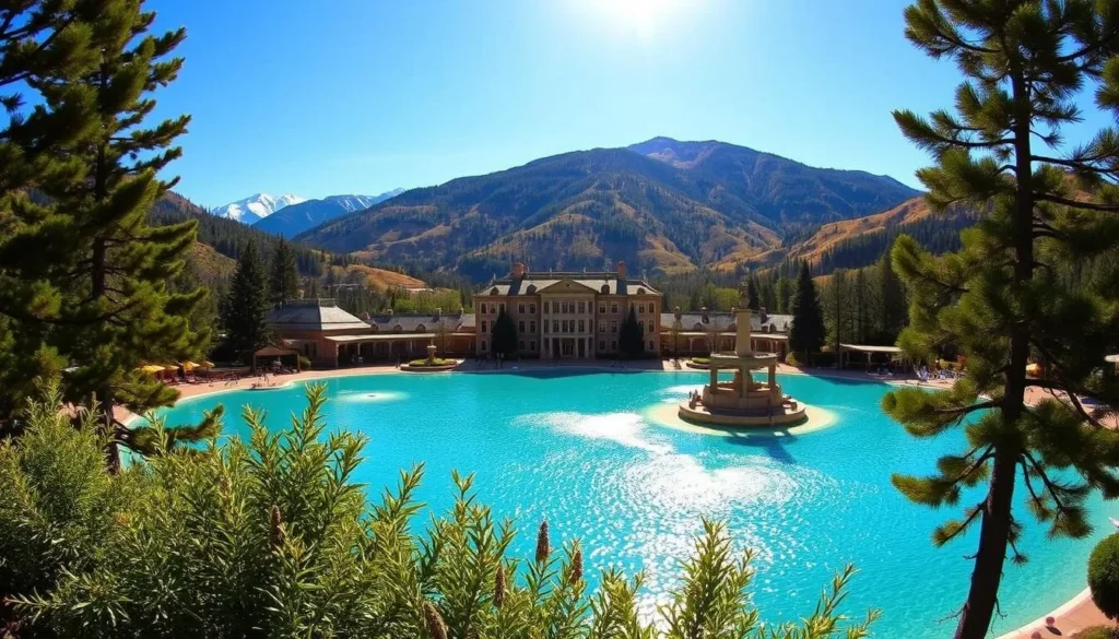 A stunning panoramic view of the iconic Glenwood Springs Hot Springs, nestled amidst the majestic Rocky Mountains. The cerulean waters of the natural mineral springs sparkle under the warm, golden sunlight, inviting visitors to bask in their therapeutic embrace. In the foreground, lush greenery and towering pine trees frame the scene, creating a serene and picturesque atmosphere. The middle ground showcases the grand, historic bathhouse, its classic architecture blending seamlessly with the natural surroundings. In the distance, the awe-inspiring peaks of the Rockies rise up, their snow-capped summits glistening under the clear, azure sky. A tranquil, idyllic setting that captures the essence of Glenwood Springs' charm and natural beauty.