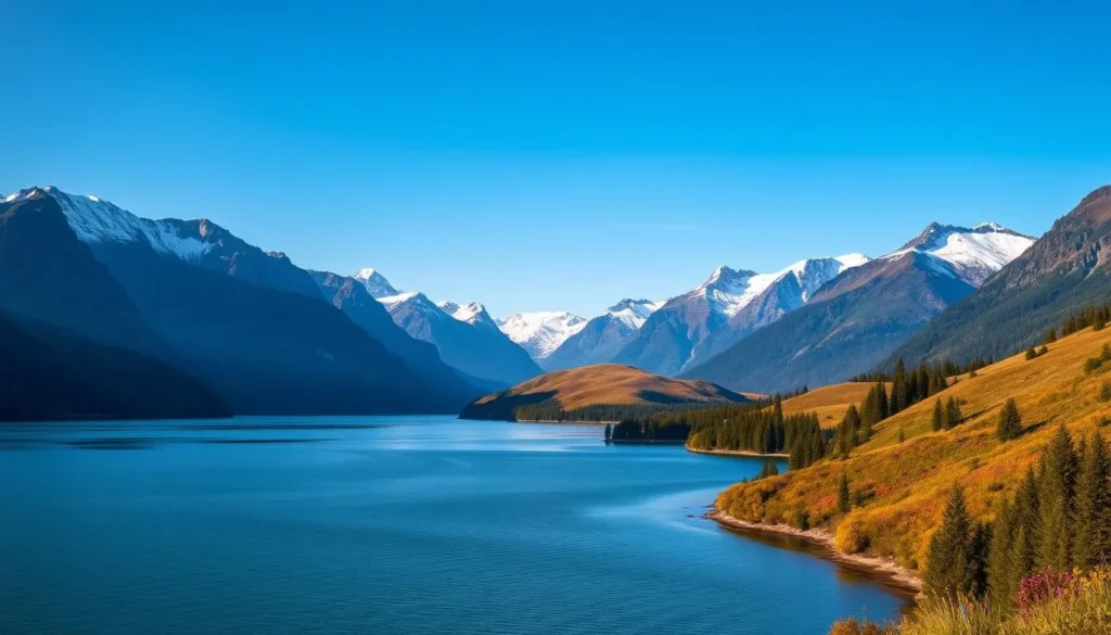A stunning panoramic view of the majestic Gandsfjorden, surrounded by towering mountains and lush forests. In the foreground, a serene lake reflects the azure sky, with gentle ripples dancing across the surface. Midground features rolling hills adorned with vibrant wildflowers, casting warm hues across the landscape. The background is dominated by snow-capped peaks, their jagged silhouettes creating a dramatic backdrop. Soft, diffused lighting bathes the scene in a warm, golden glow, evoking a sense of tranquility and natural beauty. Capture the essence of this breathtaking Norwegian fjord in all its glory.