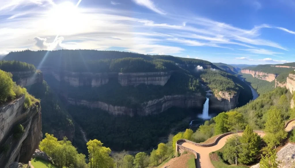 A stunning panoramic view of the majestic Letchworth State Park's "Grand Canyon of the East". Capture the dramatic cliffs and lush forest-covered gorge carved by the roaring Genesee River. Sunlight streams through wispy clouds, illuminating the layered sandstone and shale formations. In the foreground, a winding hiking trail leads the eye towards the impressive 150-foot-tall middle falls. The tranquil scene exudes a serene, awe-inspiring atmosphere, inviting the viewer to explore this natural wonder.