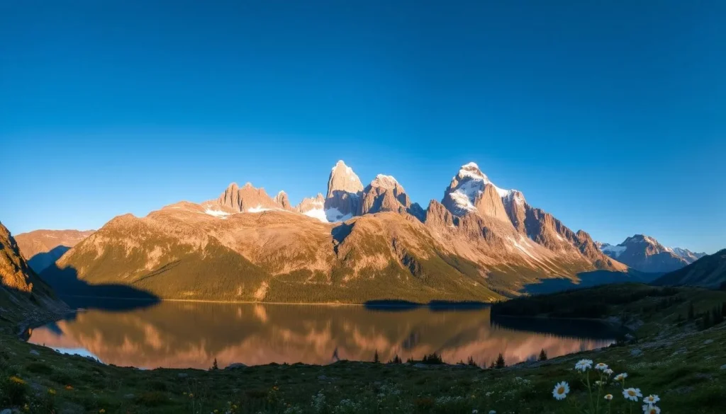 A stunning panoramic view of the majestic Sunnmore Alps in Norway, their jagged peaks reaching up towards a clear, azure sky. In the foreground, a serene alpine lake reflects the surrounding mountains like a mirror, its crystal-clear waters dotted with the soft hues of wildflowers. A warm, golden light bathes the scene, casting long shadows across the rugged terrain. The middle ground features lush, verdant forests cascading down the mountainsides, while in the distance, the snow-capped summits rise majestically, their sharp, angular forms creating a dramatic, awe-inspiring silhouette against the horizon.