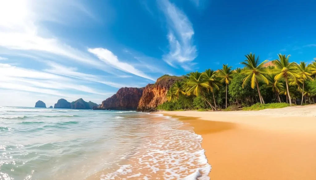 A stunning panoramic view of the pristine, golden-sand beaches of Ilha Rasa, Brazil. In the foreground, gentle waves caress the shoreline, creating a soothing, rhythmic ambiance. Lush, verdant palm trees sway gently in the warm, coastal breeze, casting soft, dappled shadows across the sand. In the middle ground, rugged, rust-colored cliffs rise up, creating a dramatic contrast against the azure sky. Wispy, white clouds drift overhead, and the sun shines brightly, casting a warm, golden glow over the entire scene. The atmosphere is one of tranquility and natural beauty, inviting visitors to relax, explore, and immerse themselves in the unspoiled splendor of Ilha Rasa's stunning beaches.