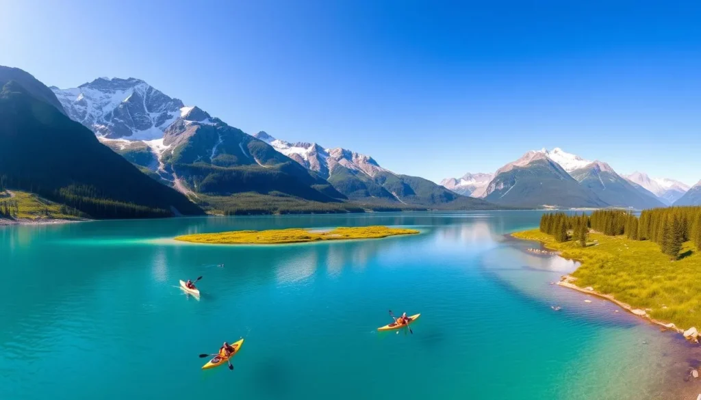 A stunning panoramic view of the serene Trollheimen lakes and rivers, with crystal-clear turquoise waters reflecting the majestic surrounding mountains. In the foreground, people kayaking and swimming in the calm, inviting waters. In the middle ground, hikers exploring the lush, verdant shores, taking in the breathtaking vistas. In the background, towering snow-capped peaks pierce the azure sky, bathed in warm, golden sunlight. Capture the tranquil, adventurous atmosphere of outdoor activities amidst the natural beauty of Trollheimen's pristine, unspoiled landscapes.