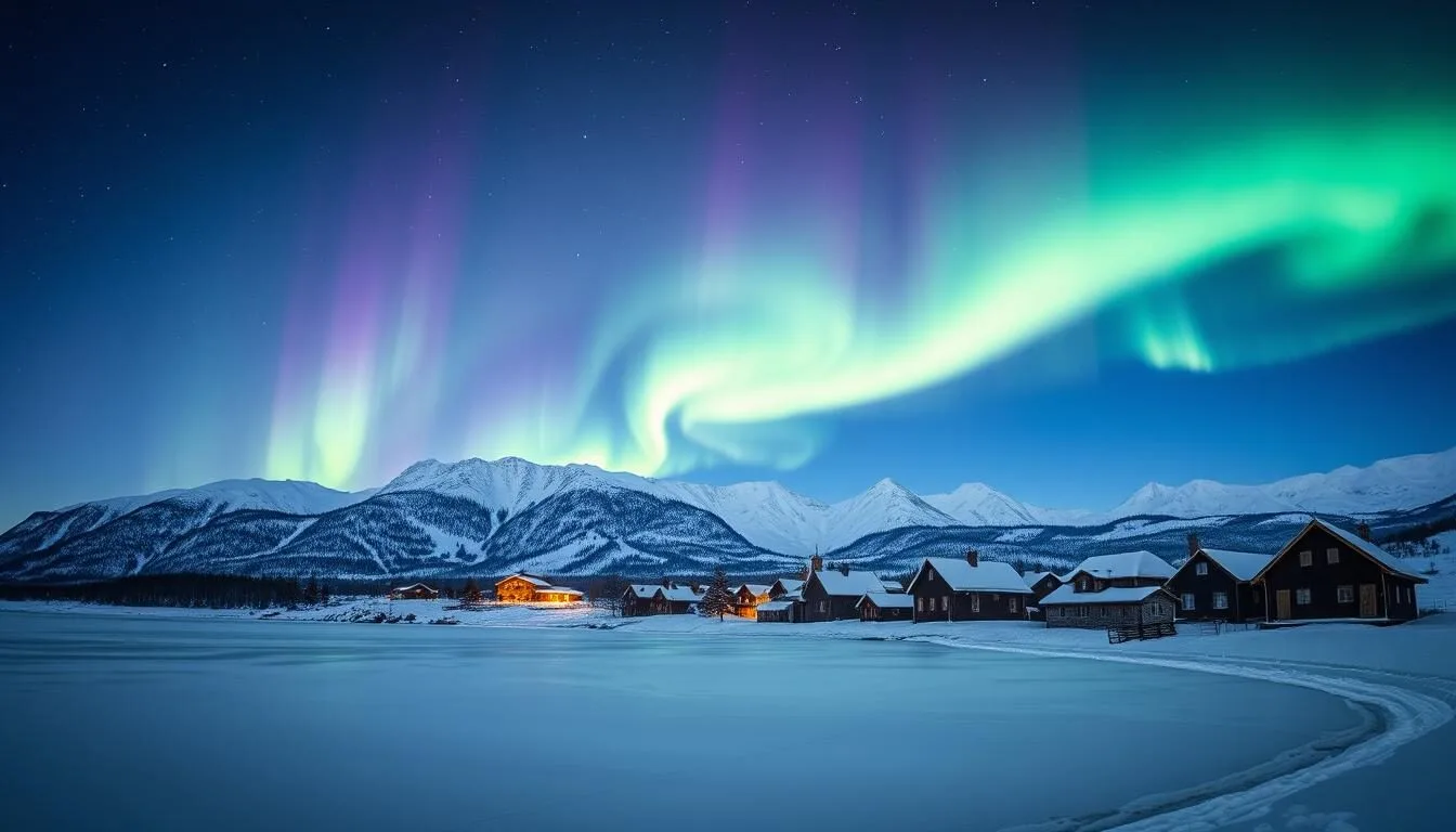 A stunning, panoramic vista of the Northern Lights dancing over the snow-capped mountains of Lulea, Sweden. In the foreground, a frozen lake reflects the mesmerizing Aurora Borealis, its shimmering greens and purples casting a soft glow on the icy landscape. The middle ground features a quaint, traditional Swedish village, its wooden houses and cobblestone streets blanketed in a pristine layer of snow. The background is dominated by a clear, starry night sky, the luminous Aurora Borealis swirling and undulating in a breathtaking celestial display. Capture the serene, magical atmosphere of this winter wonderland using a wide-angle lens, with natural lighting and a slight tilt-shift effect to emphasize the depth and scale of the scene.