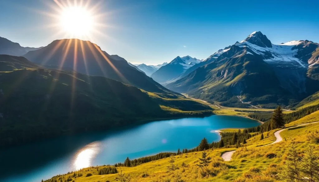 A stunning summertime landscape in the Tysfjorden Mountains, Norway. The sun's golden rays illuminate the majestic peaks, casting a warm glow over the lush, verdant valleys below. In the foreground, a crystal-clear lake reflects the surrounding mountains, creating a serene and peaceful atmosphere. The middle ground features a winding trail, inviting hikers to explore the breathtaking terrain. In the distance, snow-capped summits stand tall, their rugged beauty commanding attention. The scene exudes a sense of tranquility and adventure, perfectly capturing the essence of the best time to visit this Nordic wonderland.