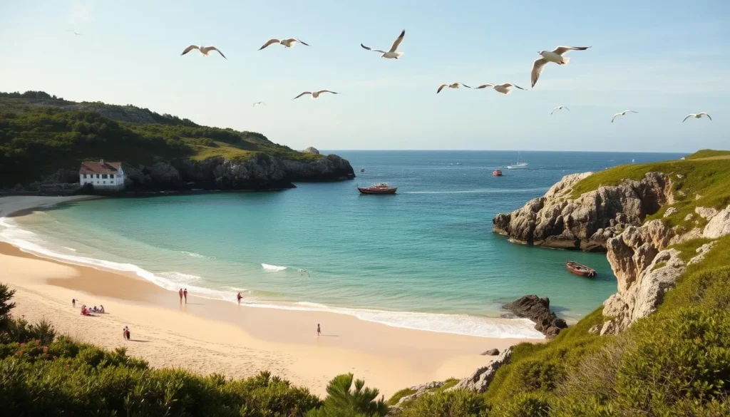 A stunning, sun-drenched beach in Agder County, Norway. Soft, golden sand stretches out, framed by rugged cliffs and lush, verdant foliage. The crystal-clear turquoise waters of the Skagerrak Strait lap gently against the shore, inviting visitors to swim and bask in the warm, coastal breeze. Seagulls soar overhead, their cries echoing across the picturesque scene. In the distance, traditional Norwegian fishing boats dot the horizon, creating a peaceful, idyllic atmosphere. Soft, diffused lighting illuminates the entire landscape, highlighting the natural beauty of this stunning Agder coastline.