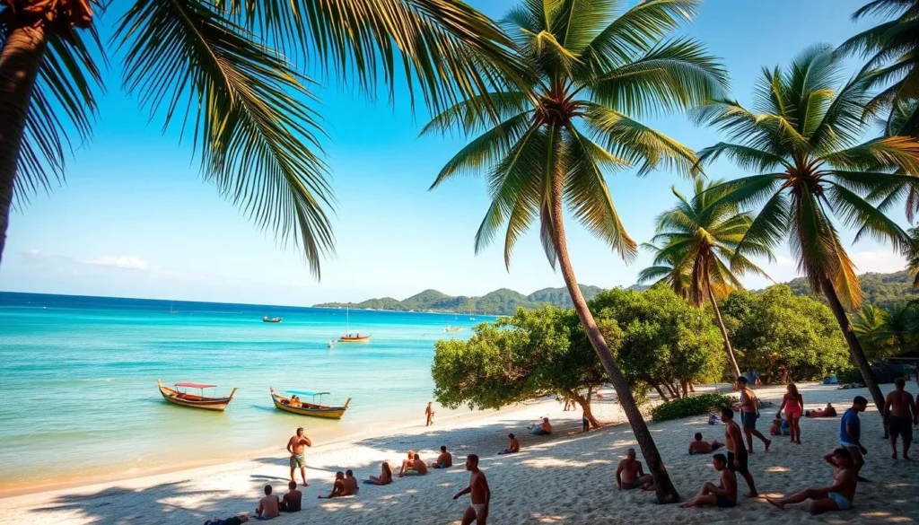 A stunning, sun-drenched beach on the tropical Ilha de Boipeba, Brazil. Swaying palm trees frame a pristine, turquoise ocean lapping against soft, golden sand. In the foreground, a group of beachgoers soak up the warmth, their vibrant swimwear and sun-kissed skin creating a lively, joyful scene. In the middle distance, traditional wooden fishing boats dot the calm waters, their colorful hulls reflecting the clear sky above. The background showcases lush, verdant hills and dense jungle foliage, creating a picturesque, secluded paradise. Warm, diffused lighting bathes the entire landscape, evoking a sense of relaxation and tranquility. Shot with a wide-angle lens to capture the expansive, breathtaking scenery.