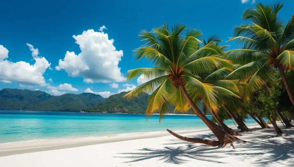 A stunning tropical beach on the serene Ilha das Couves, Brazil. Pristine white sand gently slopes into the crystal-clear turquoise waters of the South Atlantic. Lush, verdant palm trees sway in the warm coastal breeze, casting soft shadows across the tranquil scene. Fluffy white clouds drift overhead, illuminated by the bright, natural sunlight. In the distance, rugged green hills frame the picturesque bay. The idyllic atmosphere exudes a sense of peaceful seclusion, inviting visitors to relax and soak in the natural beauty of this idyllic Brazilian paradise.