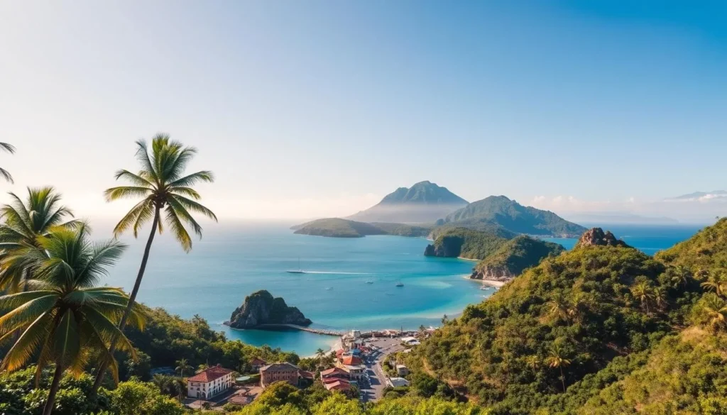 A stunning tropical paradise on the Cairu Archipelago, Ilha de Tinhare beckons with its lush, verdant landscapes, pristine white-sand beaches, and sparkling turquoise waters. Capture the essence of this idyllic island oasis, with towering palm trees swaying gently in the warm breeze and rocky cliffs rising dramatically from the calm, shimmering sea. In the foreground, a picturesque fishing village nestled among the hills, its colorful buildings and winding cobblestone streets inviting exploration. The middle ground features a stunning natural harbor, sailboats and small fishing craft dotting the tranquil waters. In the distance, the forested slopes of the island's interior, shrouded in a soft, golden haze under a clear, azure sky. Convey the serene, laid-back atmosphere and unspoiled beauty of this hidden gem of the Brazilian coast.