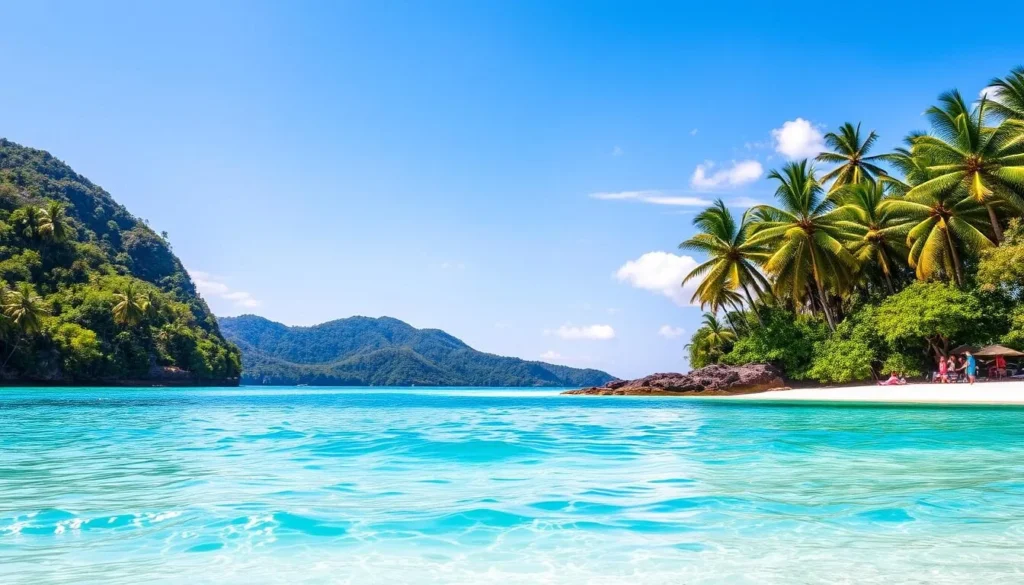 A stunning tropical seascape on the idyllic island of Koh Tao, Thailand. Turquoise waters shimmer under a bright, cloudless sky. Lush, verdant hills rise in the distance, their slopes peppered with swaying palm trees. In the foreground, a pristine white-sand beach meets the gentle waves, inviting visitors to bask in the warm, balmy air. Vibrant sunlight bathes the scene, creating a sense of tranquility and paradise. Capture the essence of Koh Tao's exceptional tropical climate, where the weather is consistently pleasant year-round.