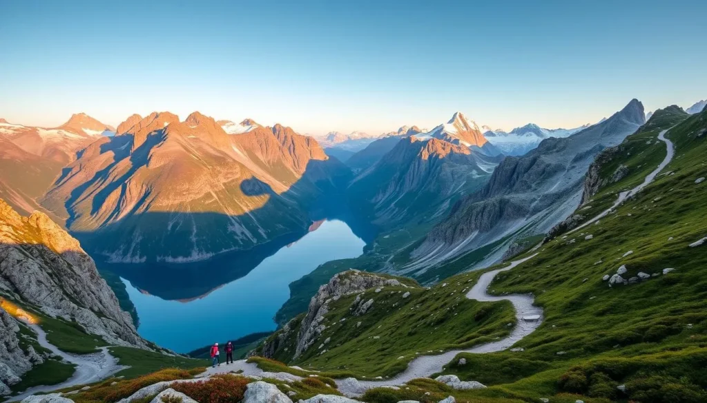 A stunning vista of Besseggen Ridge in Norway's Jotunheimen National Park, with the serene Lake Bygdin nestled below. Capture the majestic peaks, their rugged, snow-capped summits basking in warm, golden light. Hikers traverse the ridge's winding trail, surrounded by dramatic, angular rock formations and lush, verdant vegetation. The azure waters of the lake reflect the towering mountains, creating a breathtaking, mirror-like effect. Compose the scene with a wide-angle lens to convey the grandeur of this natural wonder, bathed in the soft, diffused illumination of a picturesque day.